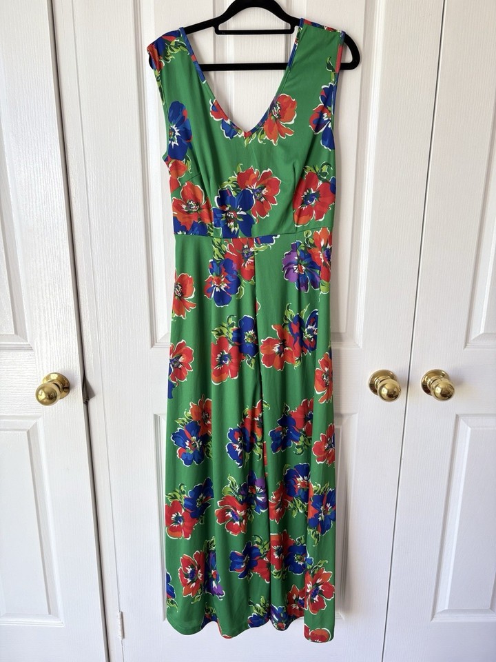 BoomShankar Women’s 90’s Style Slip Maxi Dress Size 10 Green Floral Boho Tropic
