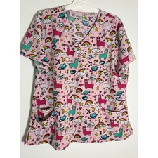 Pink Llama Love Rainbow Print Scrub Top V-Neck Mock Wrap Medical Uniform XL
