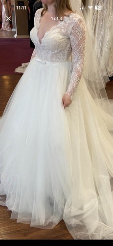 Allure Romance White Lace Long Sleeve Ball Gown Wedding Dress V Neck with Train