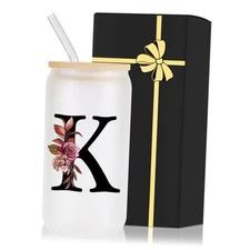Monogrammed Glass Drinking Cup With Lid Straw Mother Day Best Mama Mom Letter K