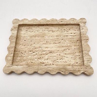 Natust Rectangle Scalloped Travertine Stone Tray Decorative Vanity Catchall New