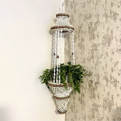 Sea Shell Cowrie Hanging Plant Holder Boho MCM Tiki Vintage Tiered 36 , 1970 s