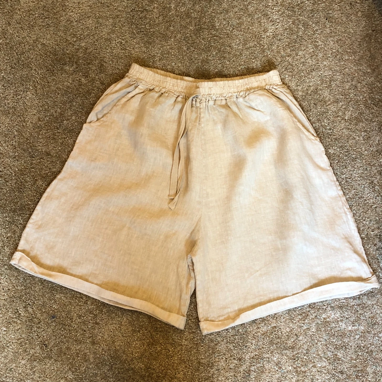 Women’s Pure Lino Linen Natural Tan Italian Pull On Shorts Luxury Beach Preppy