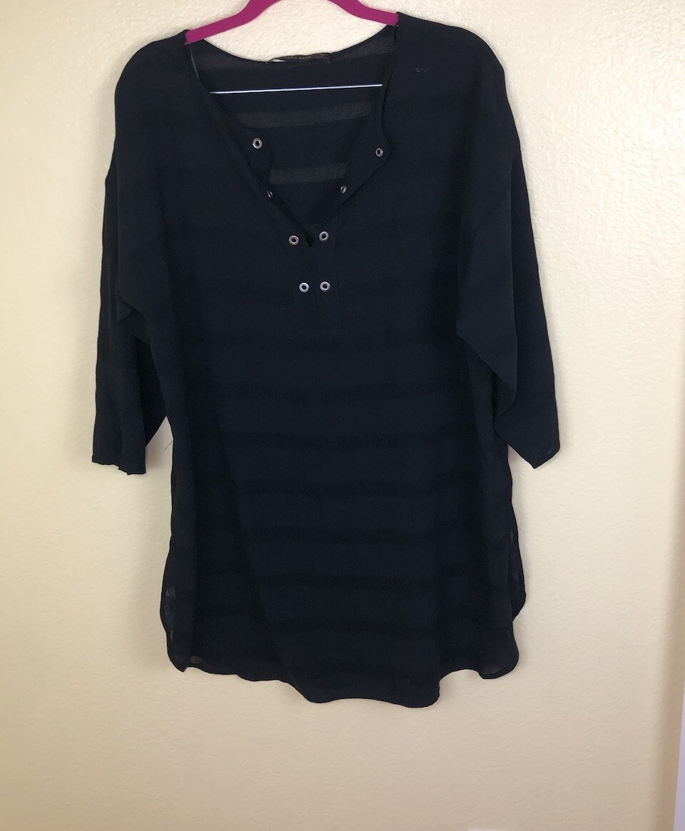 Zara Basic Black Striped 3/4 Sleeve Split Neck la… - image 2