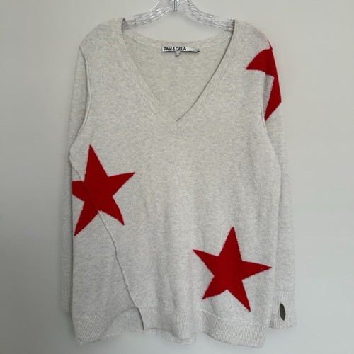 Pam & Gela Pullover grau rot Sternenmuster Gr. S asymmetrisch Wolle Alpaka Mischung - Bild 2 von 9