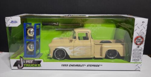 2023 Jada 1955 Chevrolet Stepside Pickup Beige Flames Extra Wheels 1:24 Scale