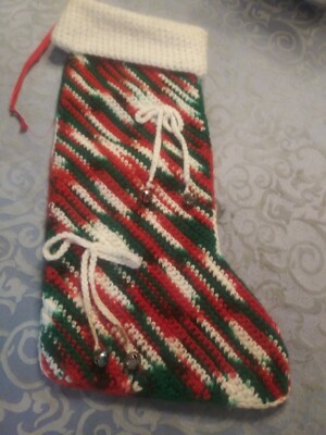 Hand Made Crochet Christmas Stocking Red Green White Holiday Striped EUC