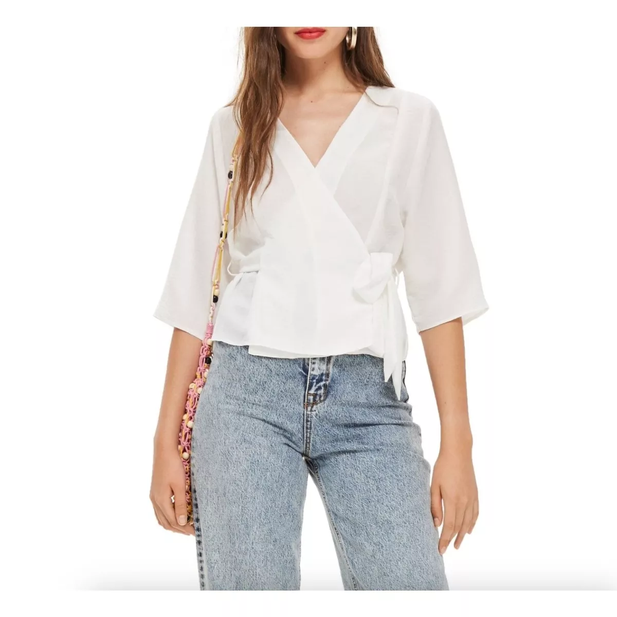 Topshop Kimono Wrap Blouse Womens 2 Half Sleeve White Front Tie A0061711H eBay