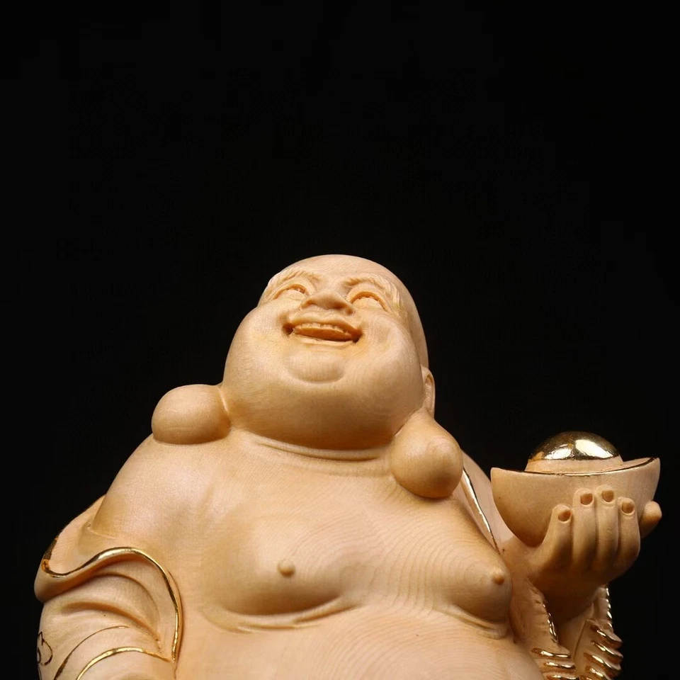 Estatua de budismo Maitreya abanico tallado a mano de madera de ciprés de oro de 18 quilates Foto 2 de 4