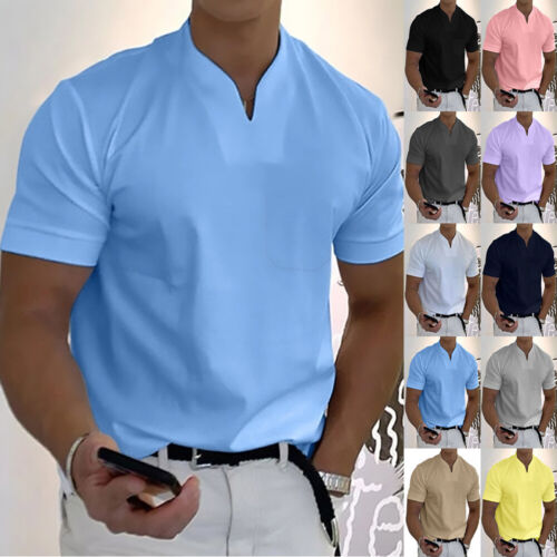  Herren Sommer V-Ausschnitt kurzärmelige Oberteile einfarbig Sport T-Shirt mit Taschen T-Shirts - Bild 1 von 27