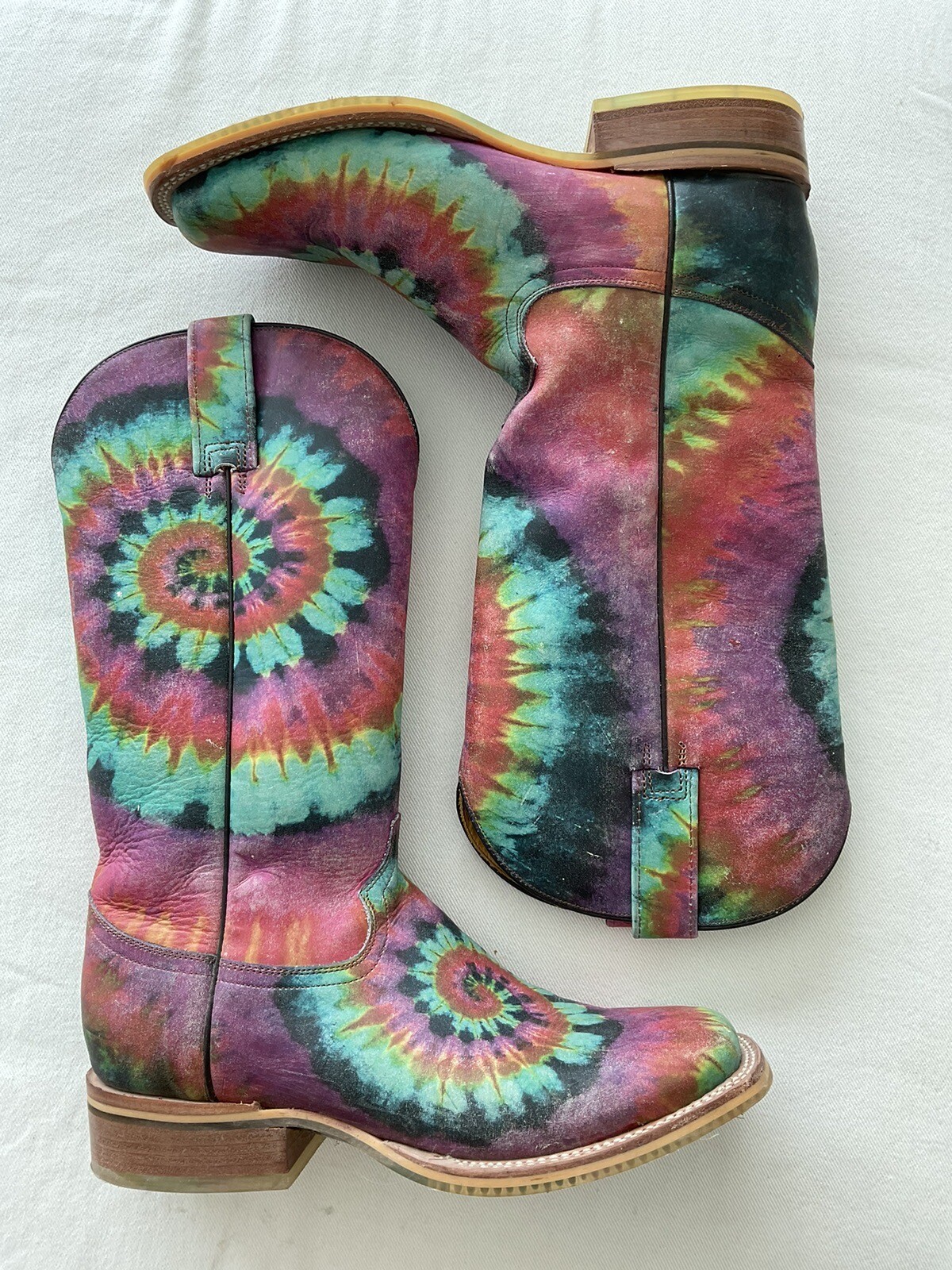 TIN HAUL Happy Hippie Groovy TieDye Leather Square Toe Ladies Boots