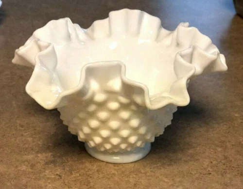 Vintage Fenton Hobnail Milk Glass  Ruffled Candy Dish