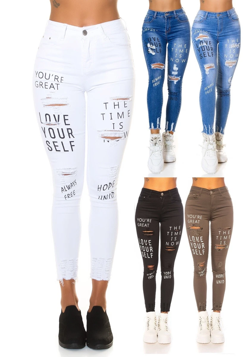 universitetsstuderende syndrom sympatisk Jeans Ladies High Waist Skinny Jeans Denim Jeans Trousers Used Look with  Slogan | eBay