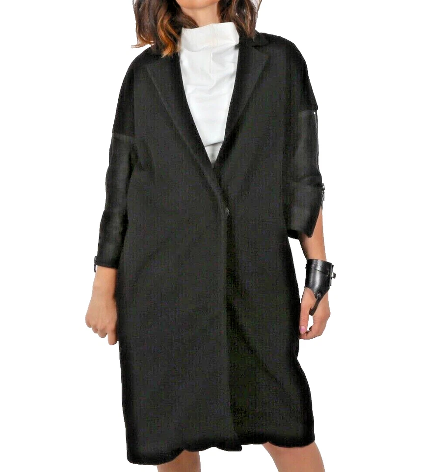 Abrigo midi KAUFMANFRANCO de cuero negro manga 3/4 en contraste talla M Foto 3 de 4