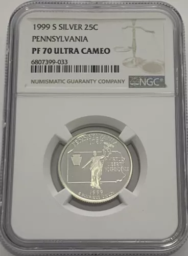 1999 S Proof Silver Pennsylvania Quarter NGC PF70 Ultra Cameo 25Cc