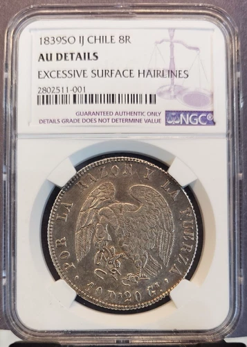 1839 CHILE SILVER 8 REALES CONDOR BREAKING CHAINS NGC AU DETAILS EXTREMELY RARE