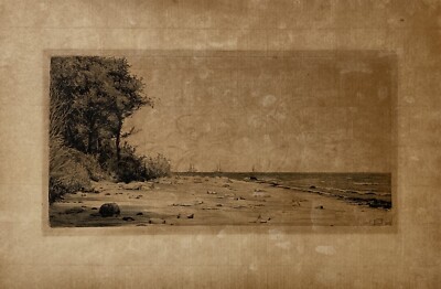 Radierung Carl Bloch Küste Am Naturstrand Steine Segelschiffe 21,8 x 33,2 cm