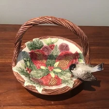 FITZ & FLOYD Basket Dish 7” Tall CHRISTMAS Pomegranates Holly Chickadee 1993