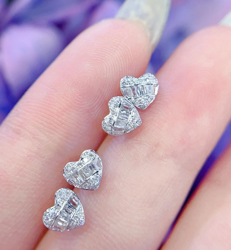 18K Solid Gold Dainty Diamond Cluster Heart Piercing earrings Studs for Women - Image 3 of 4