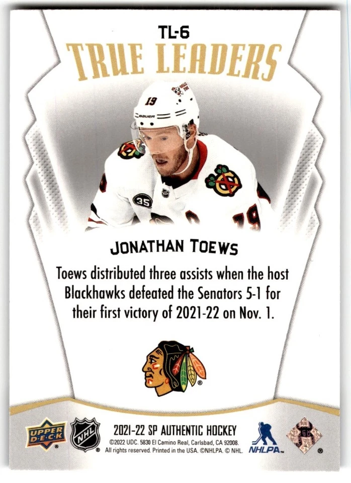 2021-22 SP Authentic True Leaders Jonathan Toews #TL-6 - Image 2 of 2