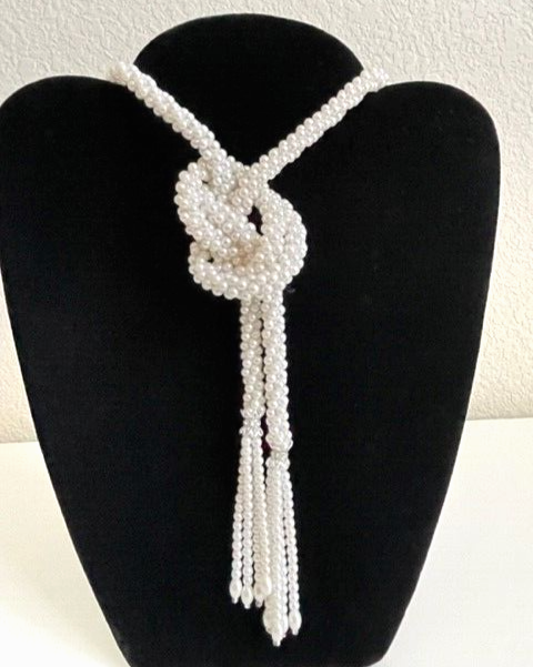 Vintage Faux Pearl Twisted Cord Tie Necklace with tassels | eBay display picture 1