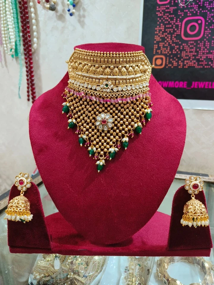 Gargantilla Kundan india Bollywood chapada en oro collar nupcial pendientes conjunto de joyería Foto 2 de 4