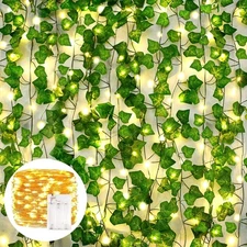 AIOR 12 Pack 84ft Fake Vines with Lights, Green Ivy Vines with 100 Led String...