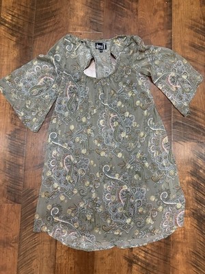 Magical Floral Paisley Mystery Top Mini Dress Tunic Green Gold Shimmer Size S 