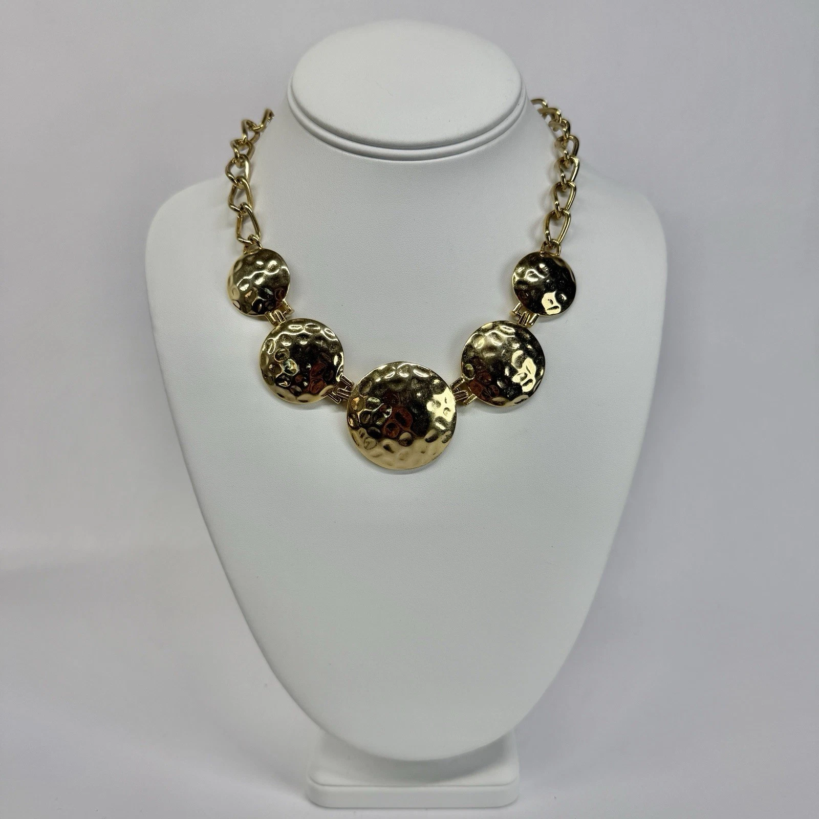 M.JENT Hammered Disc Bib Gold Tone Vintage Necklace Jewelry N457