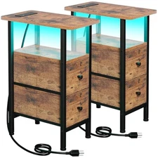 Narrow Nightstand with Charging Station, End Tables Rustic Brown Power + Light