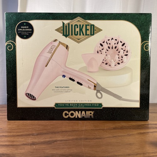CONAIR WICKED GLINDA-FIED MID-SIZE HAIR DRYER PINK/GOLD W ATTACHMENTS