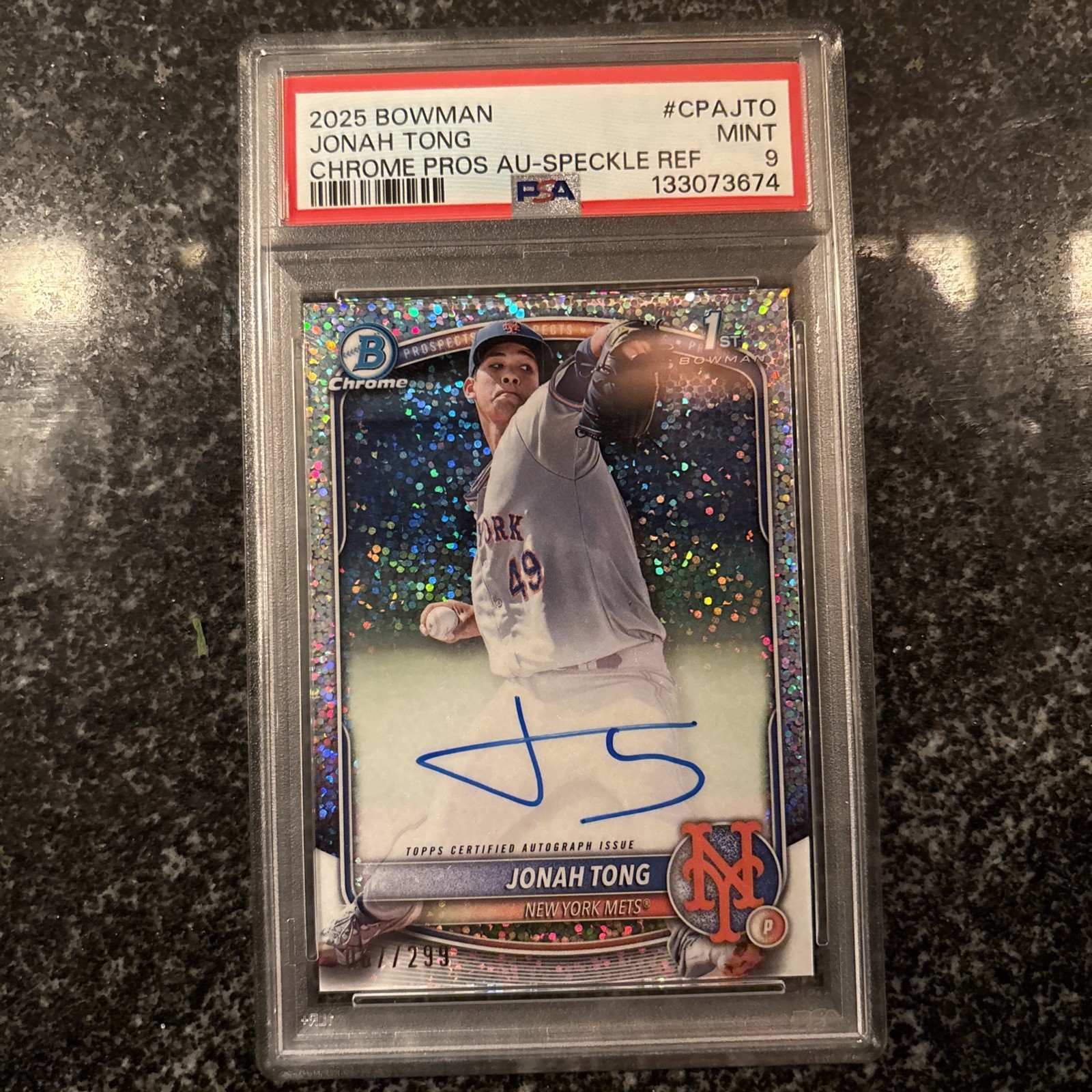 2025 Bowman 1st Chrome #CPA-JTO Jonah Tong /299 Speckle RC Auto Psa 9 Mets