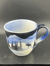 Handmade Art Pottery Coffee Mug 20oz White w/ Blue & Black - Moose &Tree Design