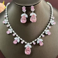 Pink Blossom JEWEL Flower Bud Leaf Choker Betsey Johnson Necklace Earrings SET