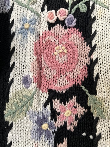 Vintage Maggie Lawrence Cardigan 80s Black Knit Flower Sweater Medium Read - Picture 7 of 21