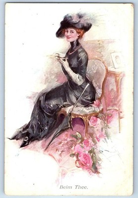 c1910's Beim Thee Pretty Woman With Hat Tea Pink Flowers Munk Antique Postcard