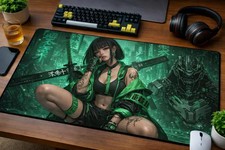 Cyberpunk Anime Girl Desk Mat Neon Green Samurai City Mouse Pad