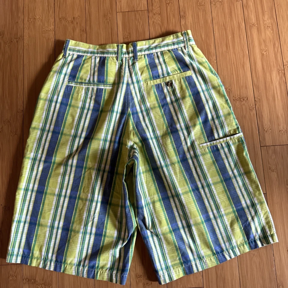DTEK Mens Bermuda Shorts Green Blue White Plaid Size 32 Skater y2k hip hop - Image 3 of 4
