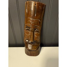 Vintage Hand Carved Wooden Tiki Mask Wall Hanging Tropical Folk Art 12.5 Inch