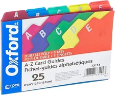 Oxford Poly Index Card Guides, Alphabetical, A-Z, Assorted Colors, 4" X 6" Size,