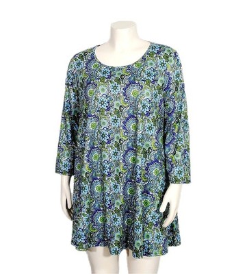 Enmain Tunic Top 2XL Blue Green Floral Stretch Knit Soft 3/4 Sleeve Boho Artsy 