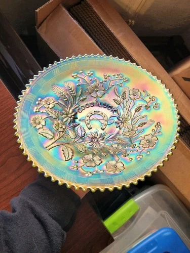 Very Pretty Green Northwood Carnival Glass Good Luck Plate