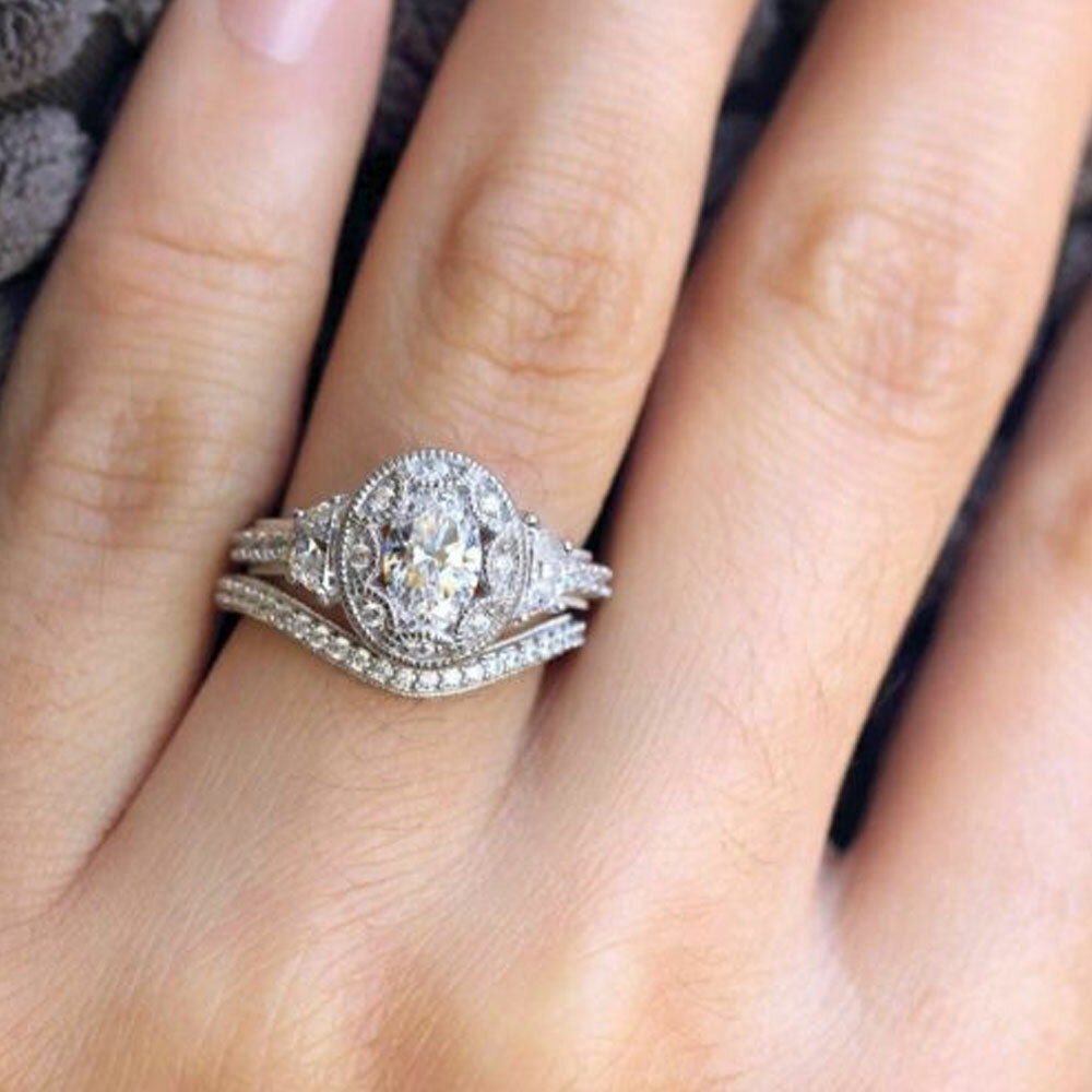 Ct Oval Diamond Bridal Set Vintage Engagement Ring 14k White