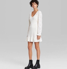 Women's Long Sleeve Brushed Lace Skater Dress - Wild Fable Cream - Size Medium