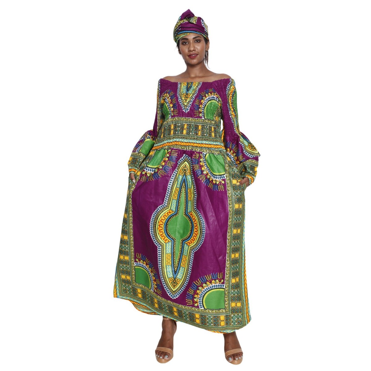 African Women's Dashiki Long Sleeve Maxi Dress with Smocking -- FI