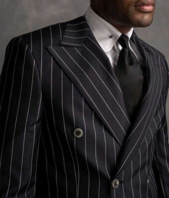 Men Black Striped Suit Structured Double Breasted Jacket Modern