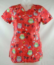 Scrub Star Coral Owl Dragonfly Floral Print Short Sleeve Scrub Top Women's Small