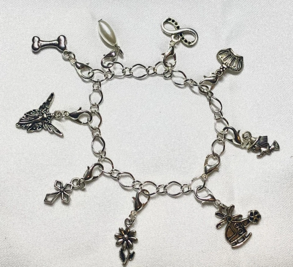 Armkette silber mit 9 Charm Anhänger Bettel-Armband Strass Frau Schmuck - Bild 2 von 4