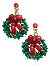 Christmas Wreath Red Bow Poinsettia Red Dot Dangle Holiday Earrings
