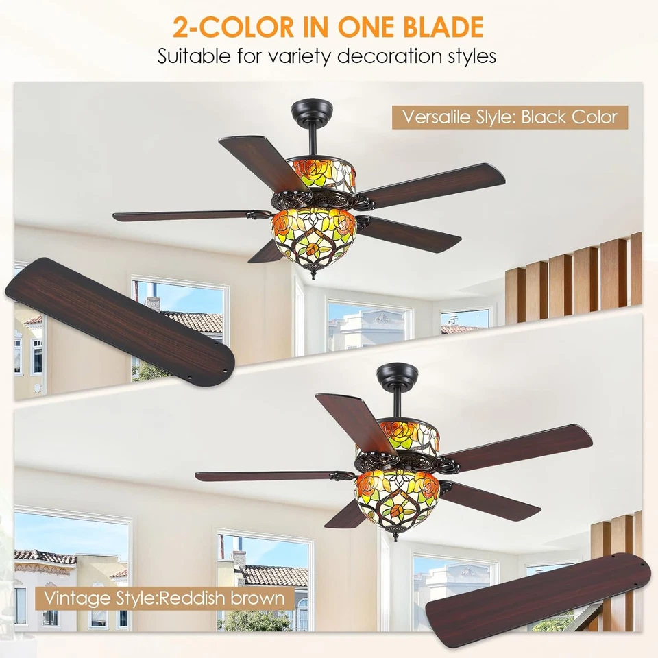 Tiffany Ceiling Fans with Lights - 52" Black Ceiling Fan Chandelier with 5 Dual- - Image 4 of 4